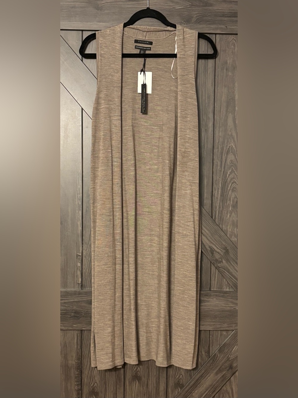 Tahari open style soft taupe brown 100% fine merino wool duster vest, NWT, sz S
